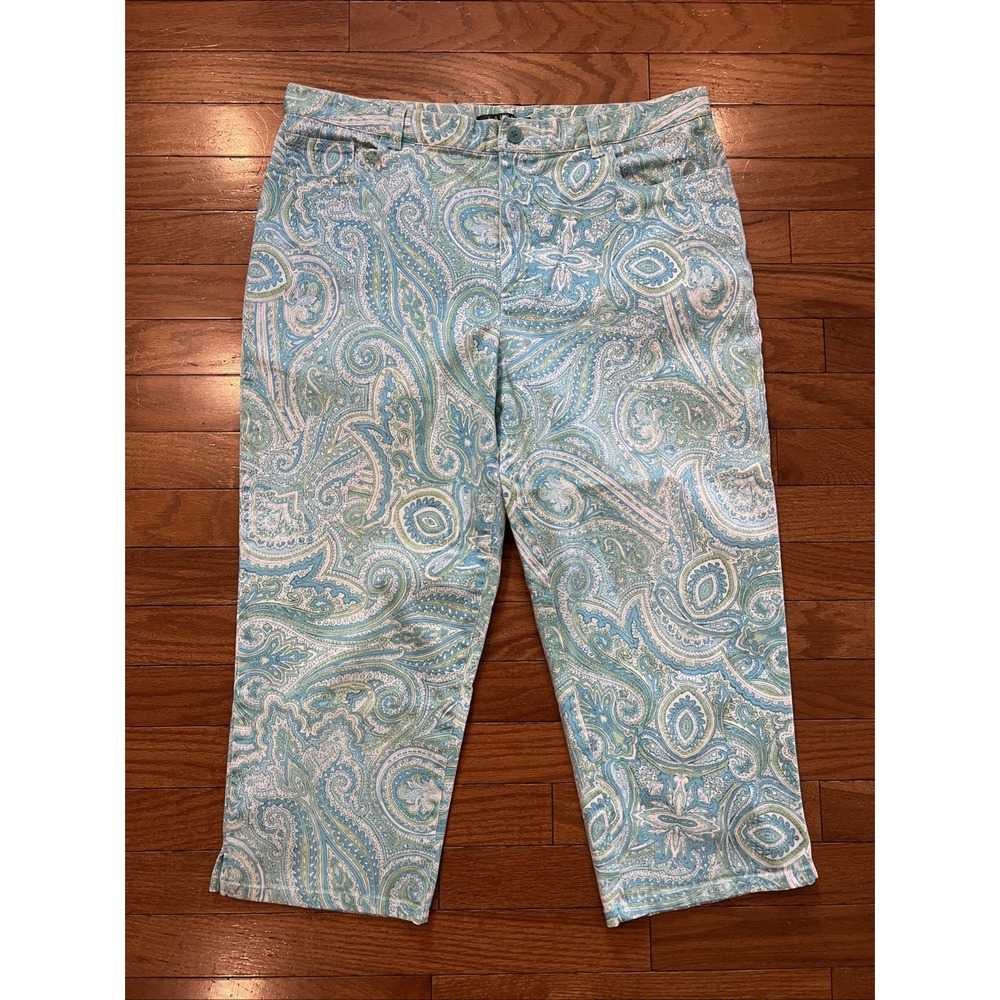 Lauren Ralph Lauren Paisley Capri Pants Womens 14 Blue Green Stretch Crop